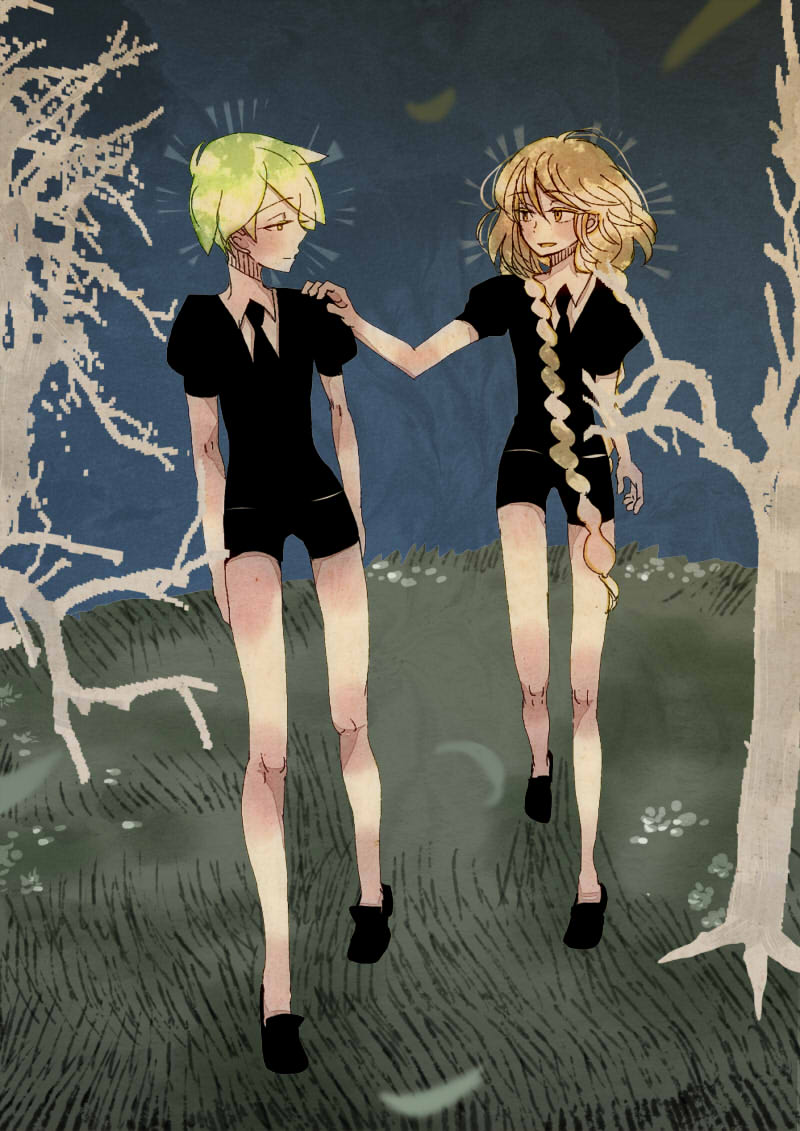 amiaso_(amian), androgynous, black_neckwear, blonde_hair, green_eyes, green_hair, houseki_no_kuni, long_hair