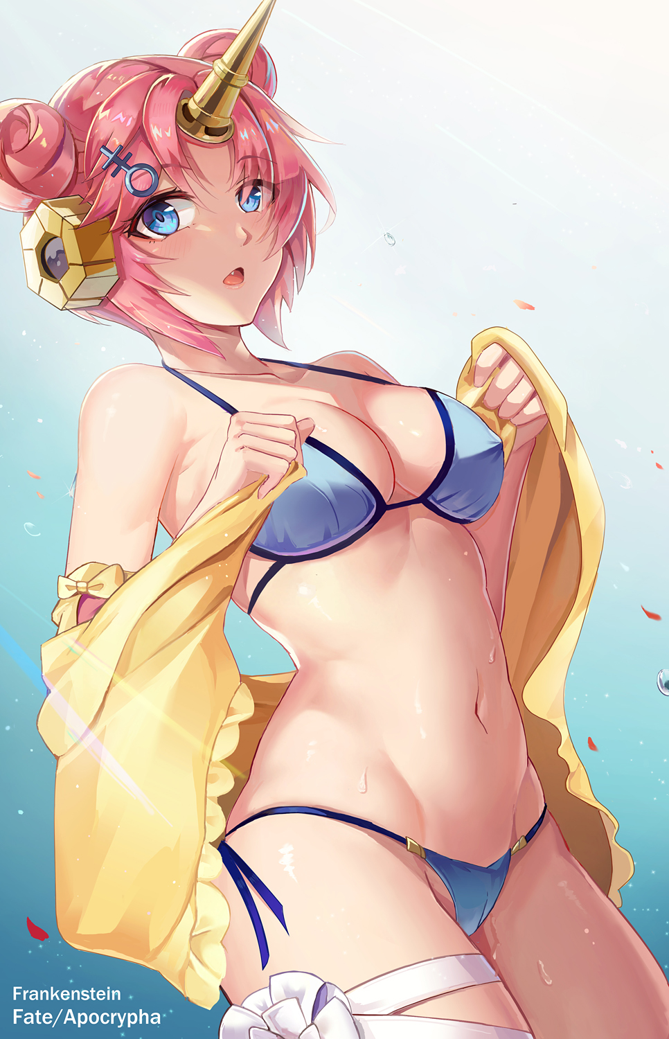 1girl, :o, bangs, bare_shoulders, berserker_of_black, bikini, blue_background, blue_bikini