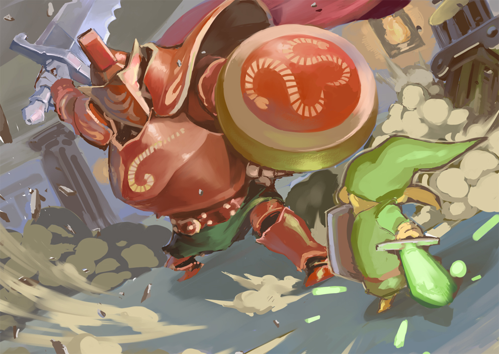 armor, battle, blonde_hair, dust, link, male, mighty_darknut, seki_(opokom), shield, solo, sword, the_legend_of_zelda, weapon, wind_waker