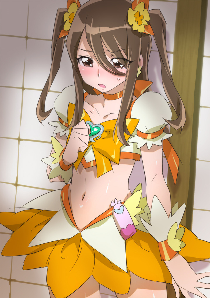 1boy, blush, brown_eyes, brown_hair, choker, cosplay, cure_sunshine, cure_sunshine_(cosplay), heart, heartcatch_precure!, long_hair, magical_boy, midriff, mutyakai, myoudouin_satsuki, navel, orange_neckwear, precure, puffy_short_sleeves, puffy_sleeves, short_sleeves, sketch, skirt, solo, trap, two_side_up, wrist_cuffs