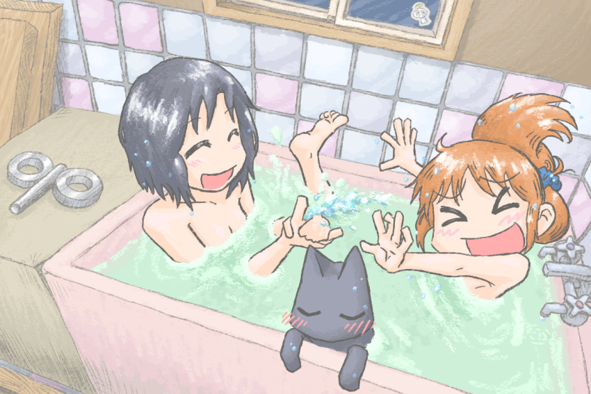 >_<, 2girls, :d, =_=, ^_^, bangs, barefoot, bathtub