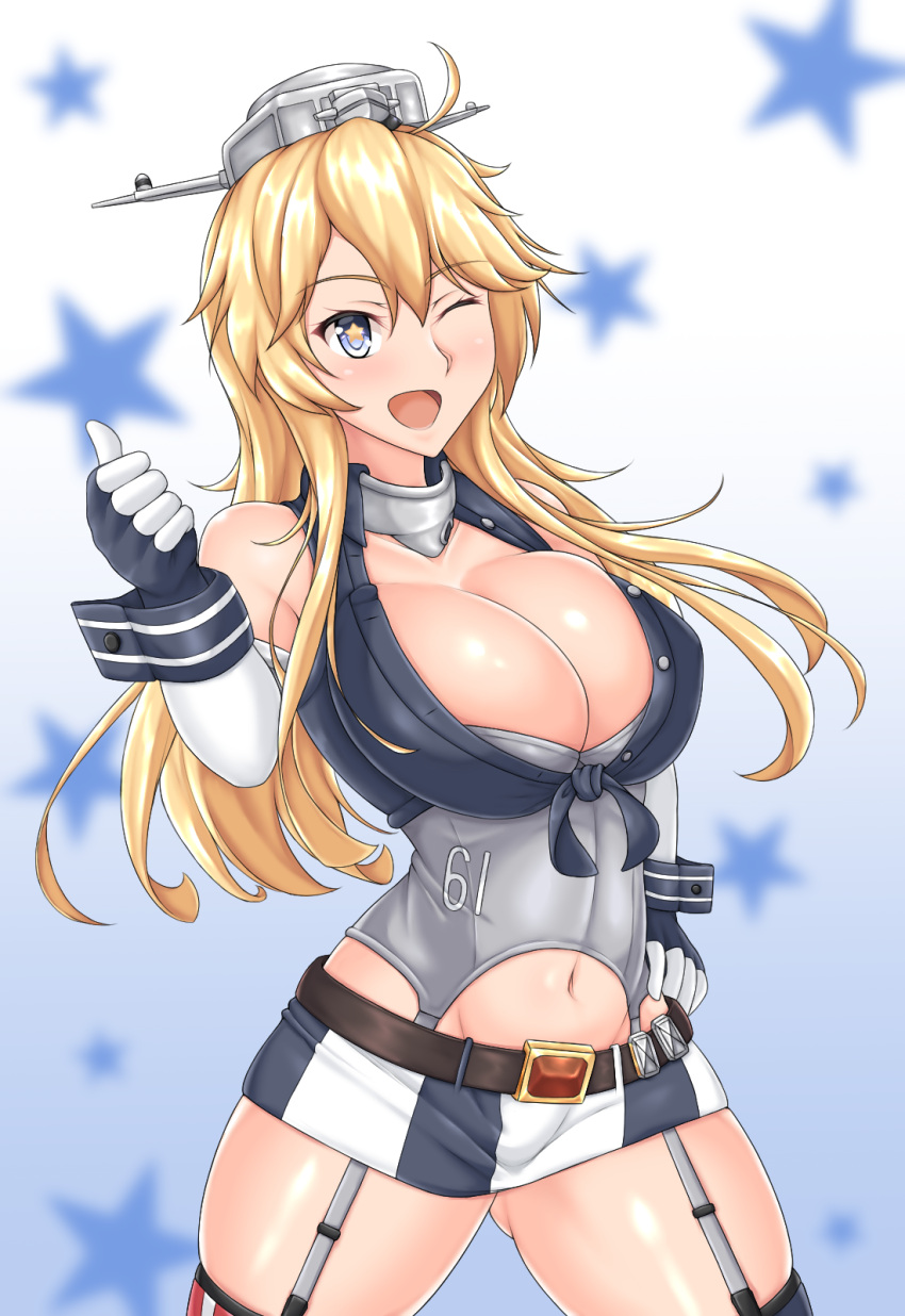 1girl, ahoge, blonde_hair, blue_background, blue_eyes, blush, breasts, brown_belt