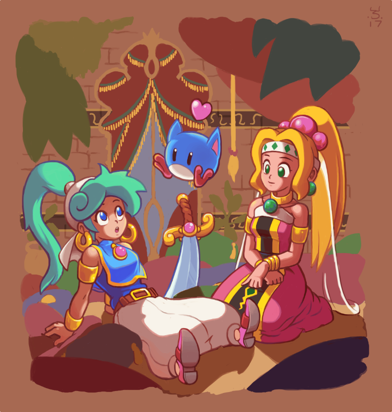2girls, arabian_clothes, armlet, asha_(monster_world), baggy_pants, bandanna, blonde_hair, blue_eyes