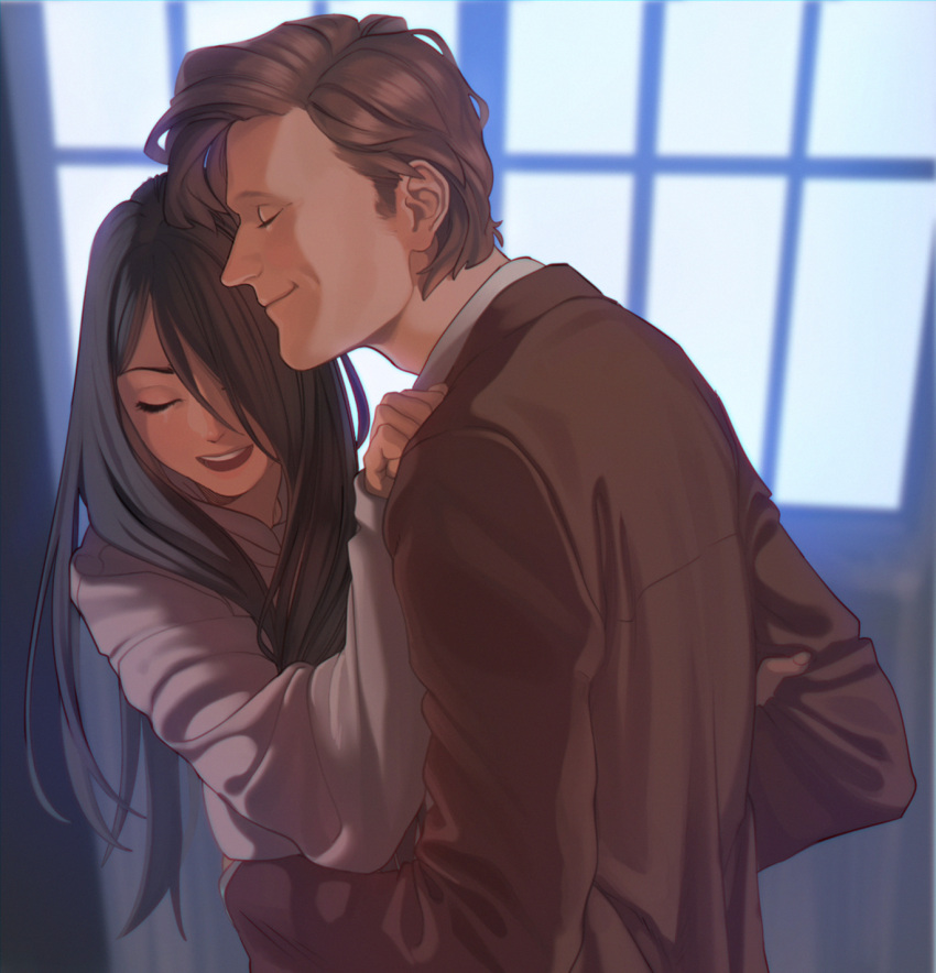 1boy, 1girl, aconitea, black_hair, brown_hair, character_request, closed_eyes, doctor_who