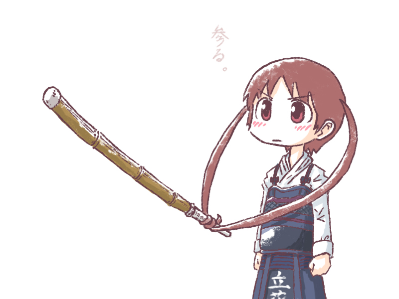 >:|, 1girl, :|, armor, bangs, blush, bokken, brown_hair