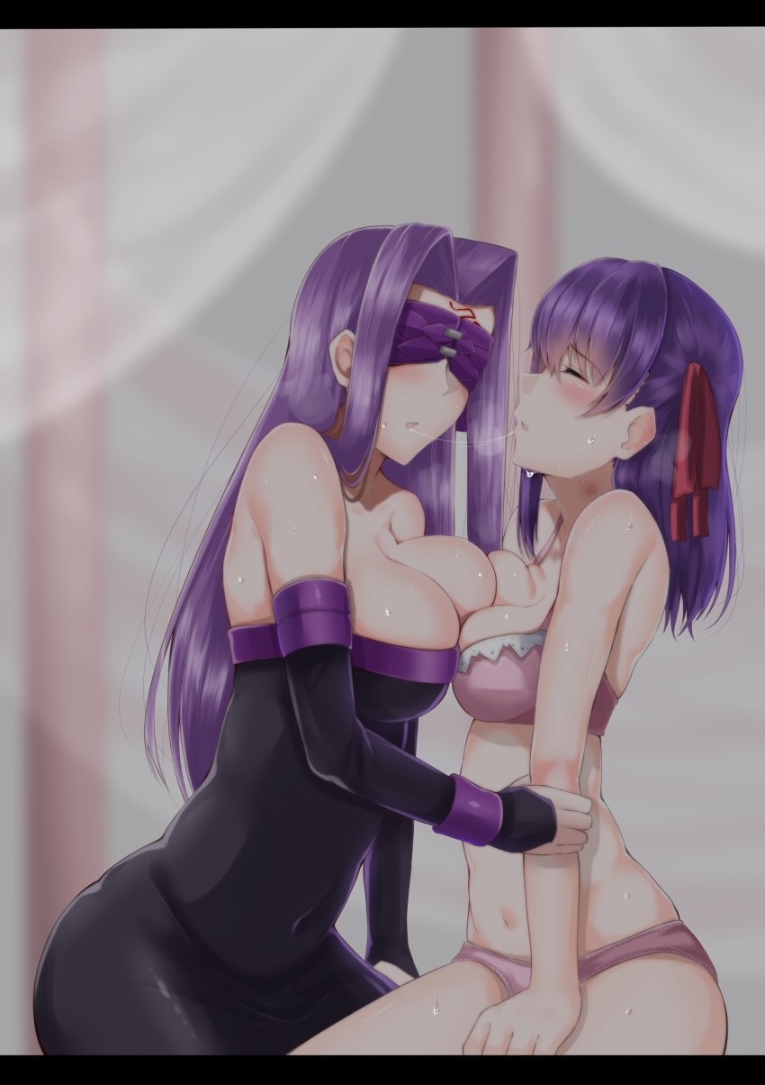 2girls, after_kiss, arm_grab, asymmetrical_docking, bare_shoulders, bite_mark, black_dress, blindfold, blush, bra, breast_press, breasts, cleavage, closed_eyes, covered_navel, detached_sleeves, dress, facial_mark, fate/stay_night, fate_(series), forehead_mark, hair_ribbon, heaven's_feel, highres, kitajima_yuuki, large_breasts, letterboxed, long_hair, matou_sakura, medusa_(fate)_(all), multiple_girls, open_mouth, panties, pink_bra, pink_panties, purple_hair, ribbon, rider, saliva, saliva_trail, shiny, shiny_hair, side_ribbon, sidelocks, sweat, underwear, underwear_only, yuri