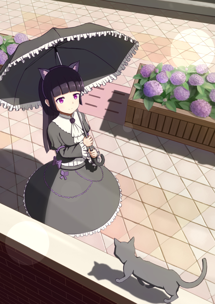 1girl, absurdres, animal_ears, bangs, black_cat, black_hair, blunt_bangs, brick_wall