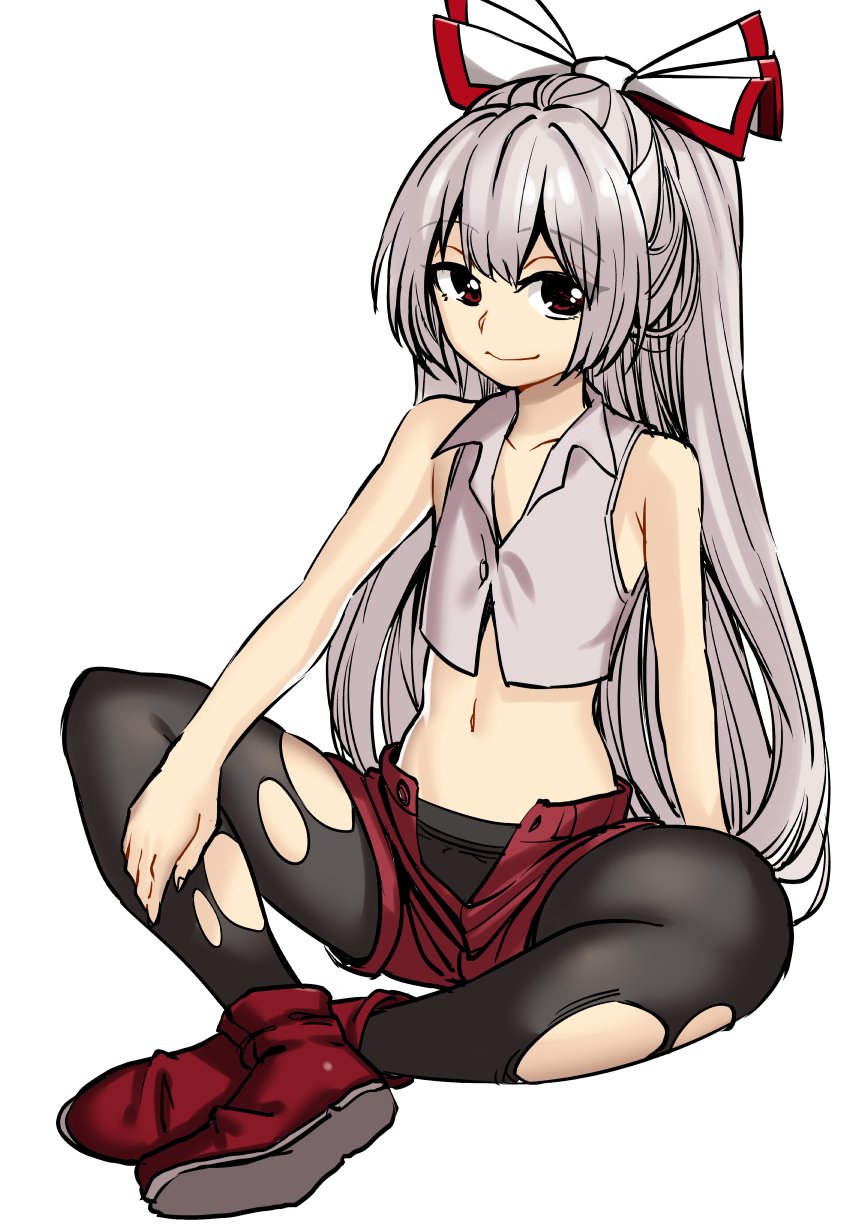 1girl, bare_arms, black_legwear, bow, closed_mouth, crop_top, fujiwara_no_mokou, full_body