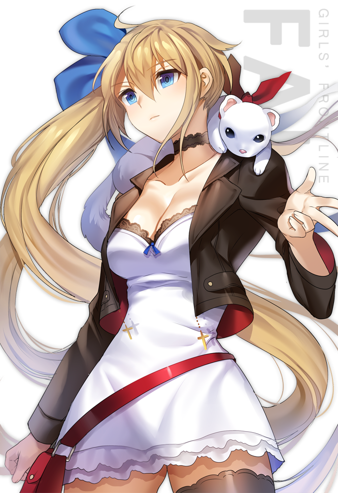 1girl, animal, animal_on_shoulder, arm_at_side, arm_up, black_legwear, blonde_hair, blue_bow