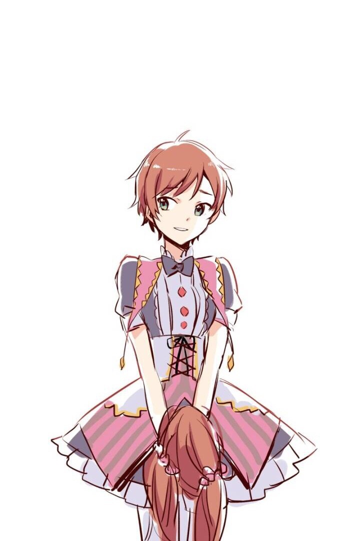 1boy, black_neckwear, bow, bowtie, brown_hair, crossdressinging, dress, idolmaster