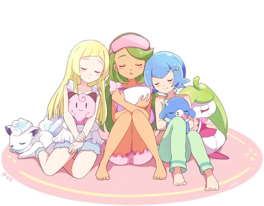 3girls, alola_form, alolan_vulpix, alternate_hairstyle, barefoot, blonde_hair, blue_hair, clefairy