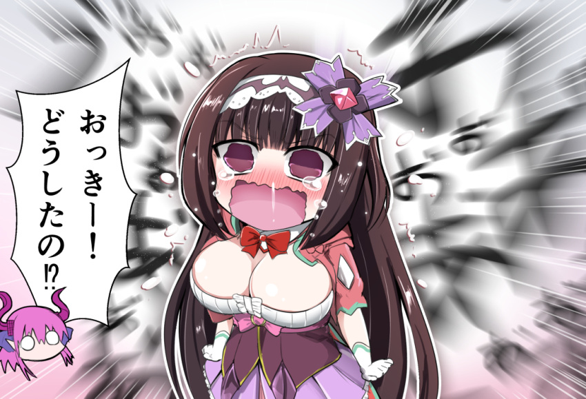 black_hair, breasts, cleavage, commentary_request, crying, crying_with_eyes_open, curled_horns, dragon_horns, fate/extra, fate/extra_ccc, fate/grand_order, fate_(series), hairband, horns, kagitsume, lancer_(fate/extra_ccc), large_breasts, long_hair, looking_at_viewer, osakabe-hime_(fate/grand_order), tears, translation_request, very_long_hair, violet_eyes, wavy_mouth