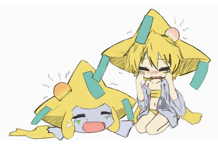 1girl, blonde_hair, closed_eyes, crying, head_bump, injury, jirachi, kneeling