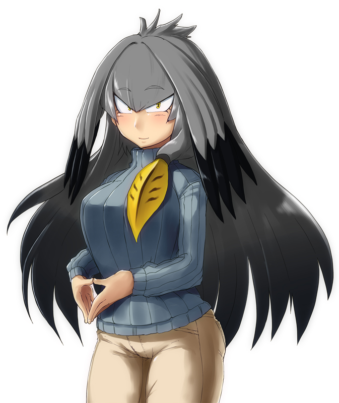 1girl, alternate_costume, alternate_hair_length, alternate_hairstyle, bangs, black_hair, blonde_hair, blush