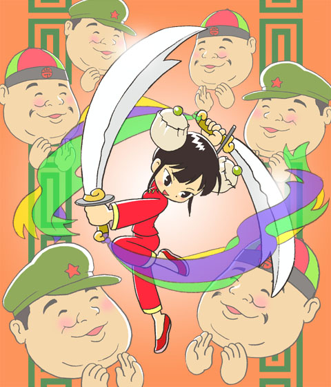 chinese_clothes, clapping, double_bun, food, nikuman, original, shuumai, sword