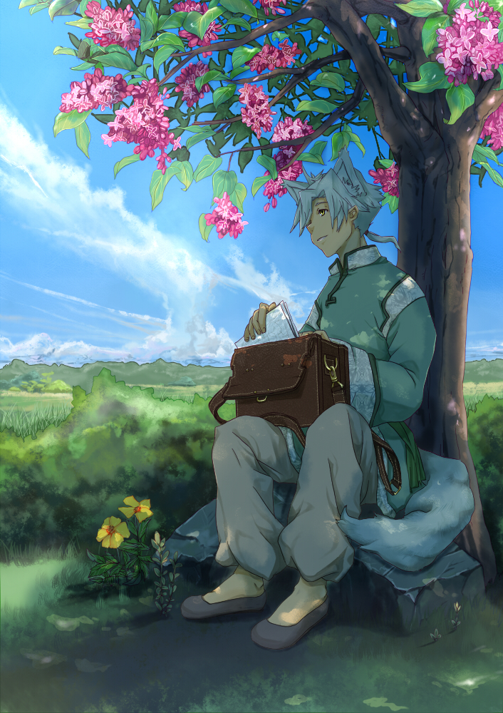 1boy, animal_ears, bag, baggy_pants, black_footwear, blue_sky, bookbag, cat_ears