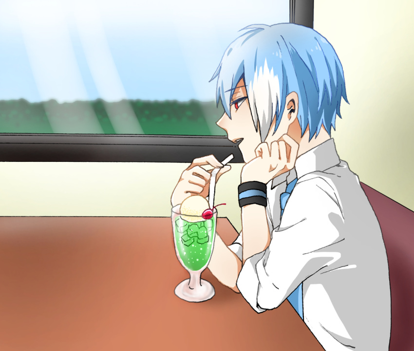 1boy, blue_hair, cup, drinking_glass, matsudappoiyo, multicolored_hair, red_eyes, solo