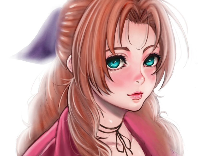 1girl, aerith_gainsborough, akira_(yuibnm71), aqua_eyes, bangs, brown_hair, choker, commentary