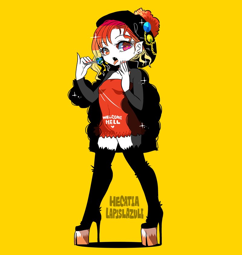 1girl, alternate_costume, black_hat, black_legwear, candy, chains, character_name, clothes_writing