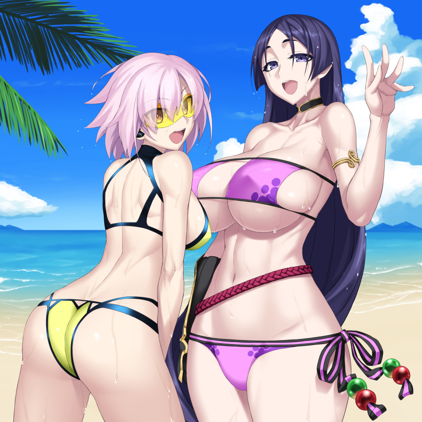 2girls, :d, ass, back, bare_shoulders, beach, bikini, black_gloves