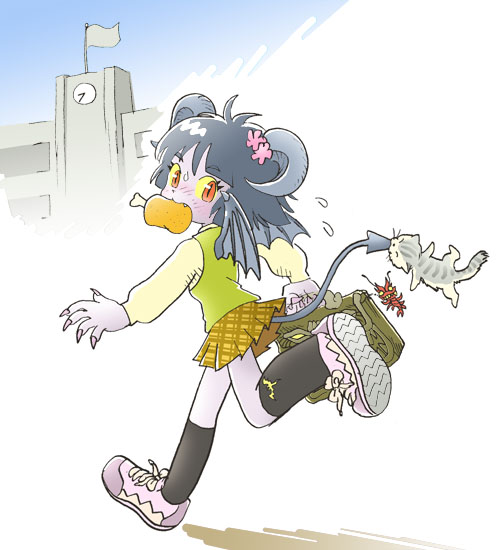 bi-nyo, bite, biting, black_hair, boned_meat, cat, demon, demon_tail