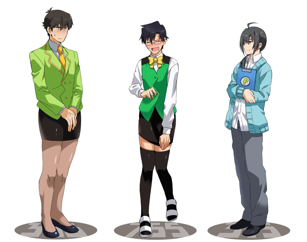 3boys, black_hair, cosplay, crossdressinging, embarrassed, full_body, idolmaster, idolmaster_(classic), idolmaster_cinderella_girls, idolmaster_side-m, male_focus, multiple_boys, otonashi_kotori, otonashi_kotori_(cosplay), pencil_skirt, producer_(idolmaster_anime), producer_(idolmaster_cinderella_girls_anime), producer_(idolmaster_side-m_anime), senkawa_chihiro, senkawa_chihiro_(cosplay), shirahata, simple_background, skirt, white_background, yamamura_ken, yamamura_ken_(cosplay)