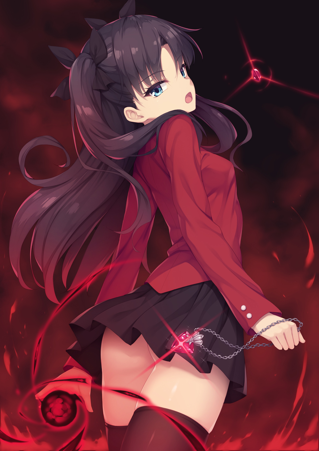 1girl, :o, arched_back, ass, bangs, black_bow, black_hair, black_legwear