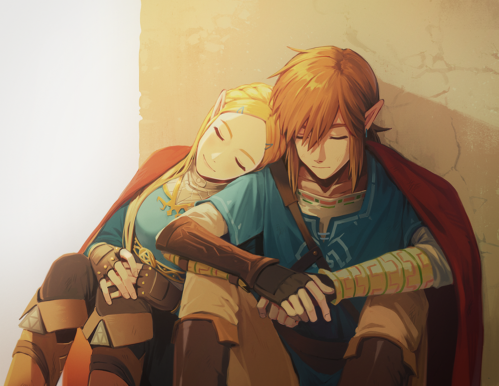 1boy, 1girl, arm_guards, blanket, blonde_hair, boots, brown_hair, closed_eyes