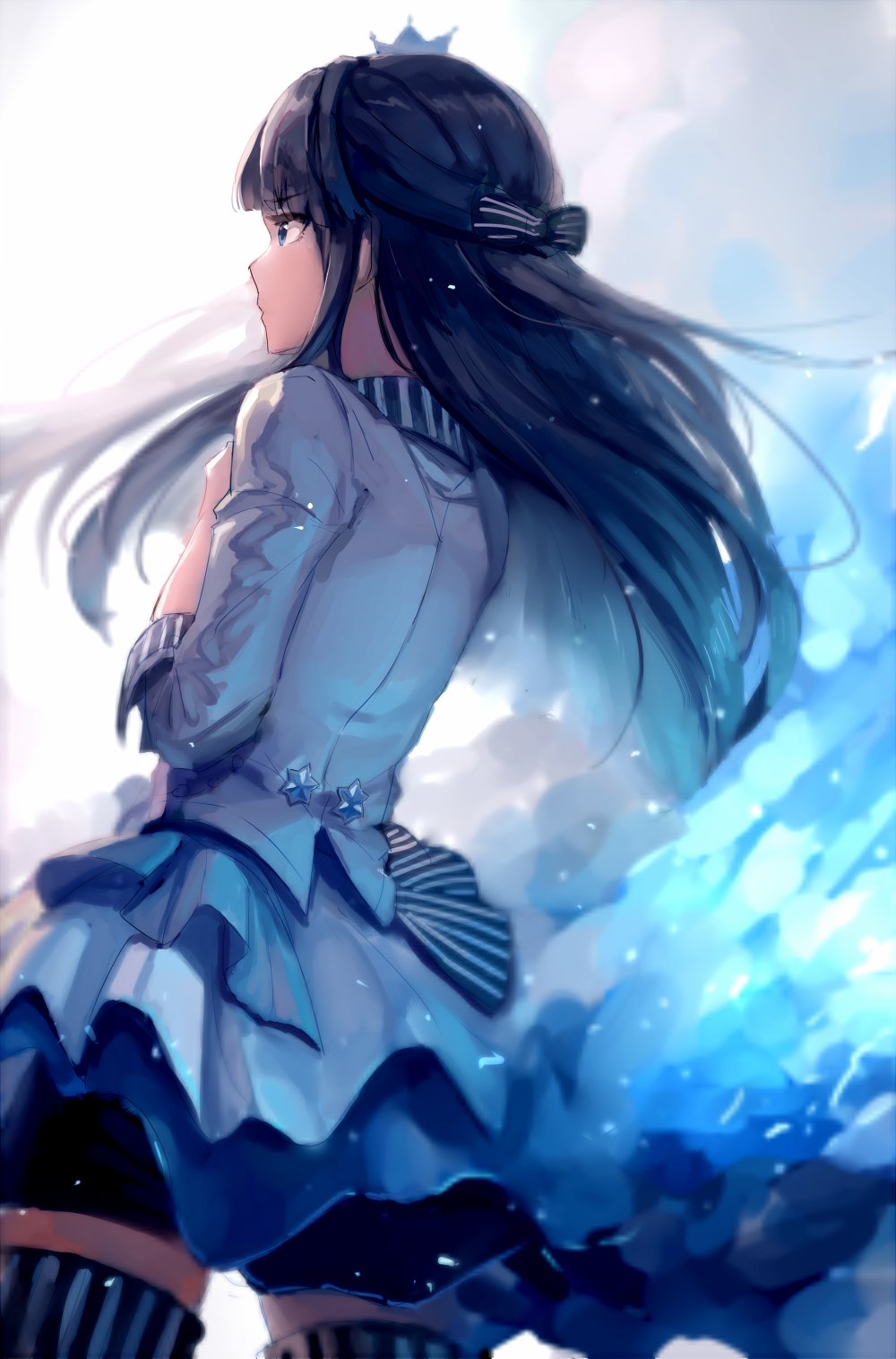 1girl, black_hair, crown, from_behind, hands_on_own_chest, highres, idolmaster, idolmaster_million_live!