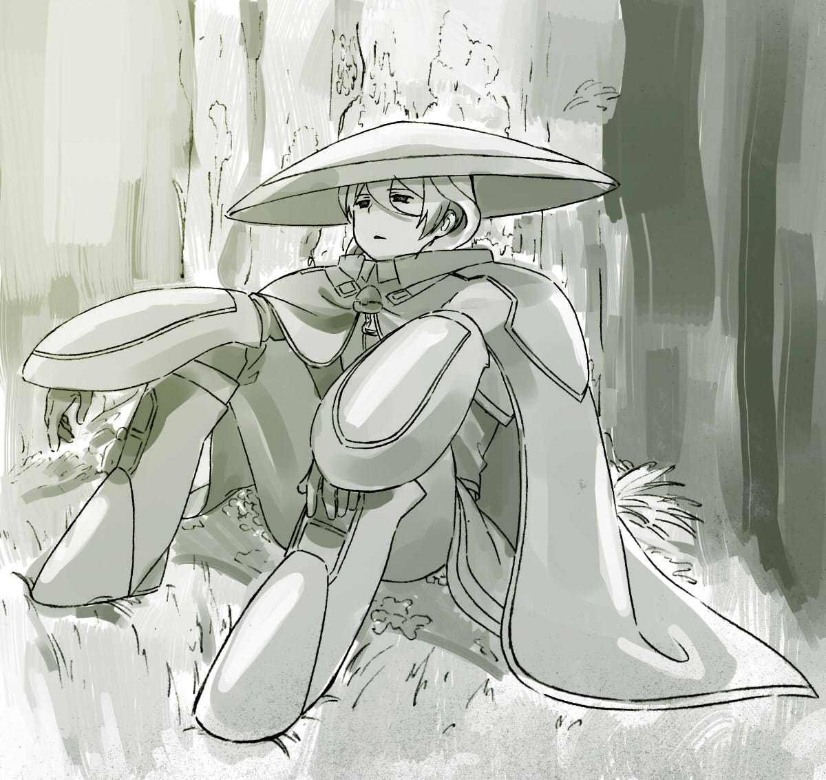 1girl, armor, boots, cape, elbow_on_knee, hair_between_eyes, hat, jacket
