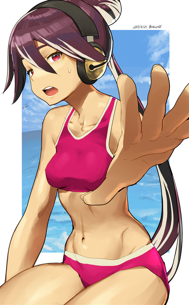 1girl, 2017, alternate_costume, bangs, bare_arms, bare_shoulders, bell, bikini, blue_sky, breasts, clouds, collarbone, cowboy_shot, dated, day, eyebrows, eyelashes, facing_away, fingernails, flying_sweatdrops, groin, guilty_gear, guilty_gear_xrd, hair_between_eyes, hair_bun, headphones, jingle_bell, kum_haehyun, long_hair, long_ponytail, looking_at_viewer, midriff, multicolored_hair, navel, nose, ocean, open_mouth, outstretched_arm, pink_bikini, pink_eyes, purple_hair, sitting, sky, small_breasts, solo, stomach, straight_hair, streaked_hair, sweat, swimsuit, teeth, tongue, twitter_username, two-tone_hair, very_long_hair, water, white_hair, zaki_(narashigeo)