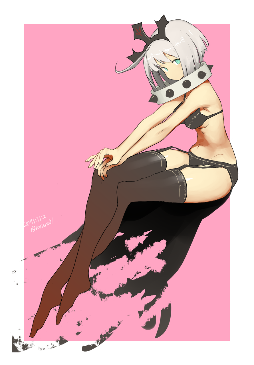 1girl, 2017, ahoge, aqua_eyes, bangs, bare_arms, bare_shoulders, black_bra