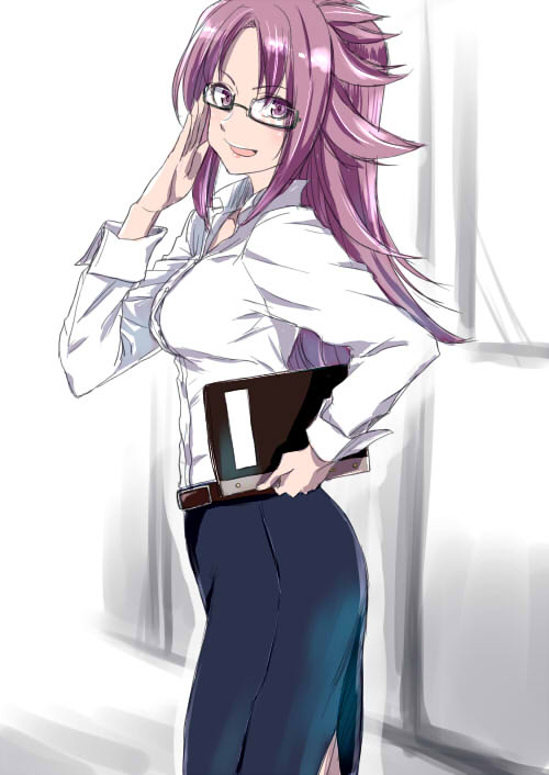 1girl, adjusting_eyewear, alternate_costume, belt, bespectacled, contemporary, dress_shirt, flipped_hair
