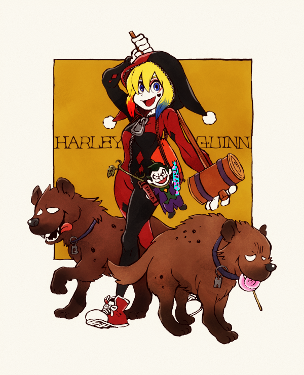 1girl, adapted_costume, batman_(series), blank_eyes, blonde_hair, blue_eyes, blue_hair, bodysuit, bud_and_lou, calligraphy_brush_(medium), candy, character_doll, character_name, dc_comics, english, food, full_body, halloween, harley_quinn, hood, hooded_bodysuit, hyena, lollipop, marker_(medium), motoko_(gege1216), open_mouth, oversized_zipper, redhead, solo, standing, the_joker, tongue, tongue_out, traditional_media