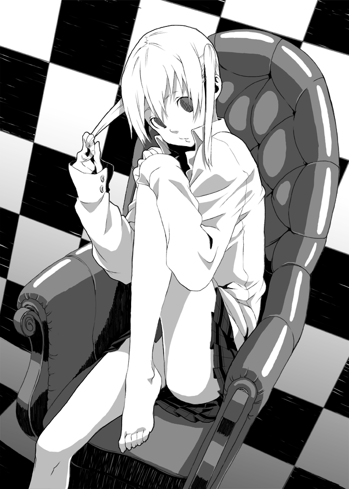bad_id, barefoot, chair, feet, kenji_(artist), maka_albarn, makimura_shunsuke, monochrome, soul_eater, twintails
