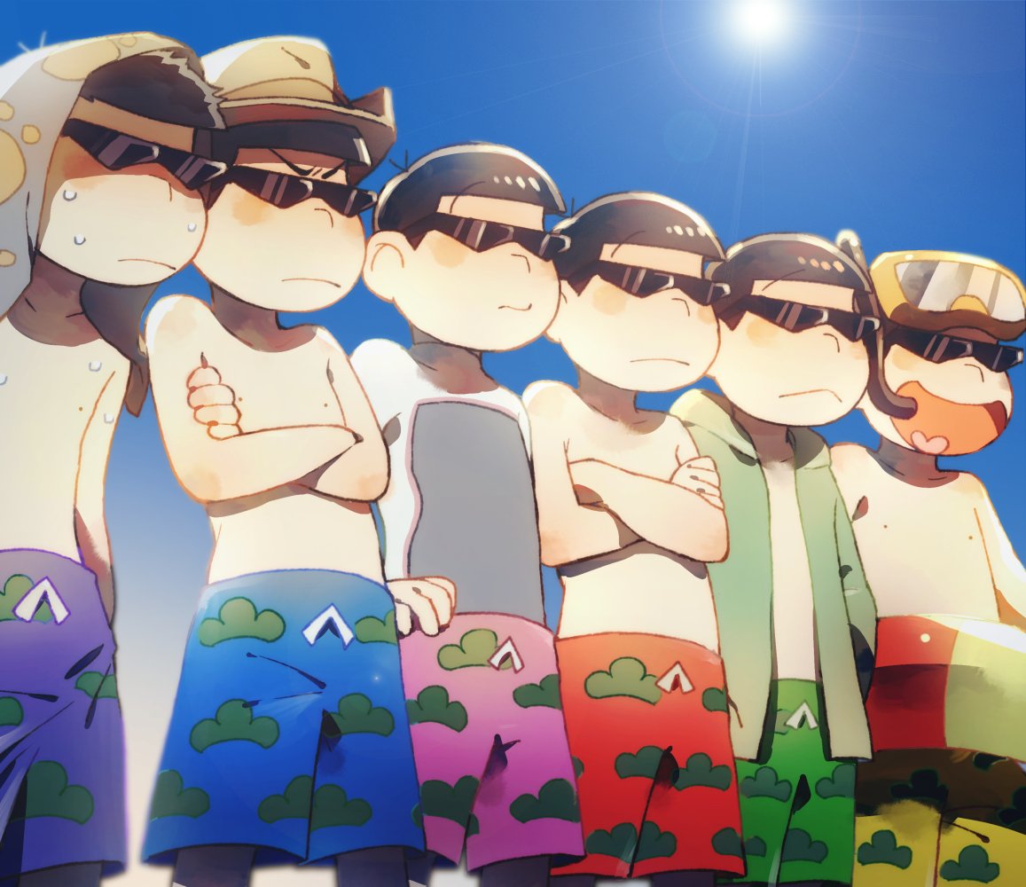6+boys, :<, black_hair, blue_sky, brothers, commentary_request, crossed_arms, hand_on_hip