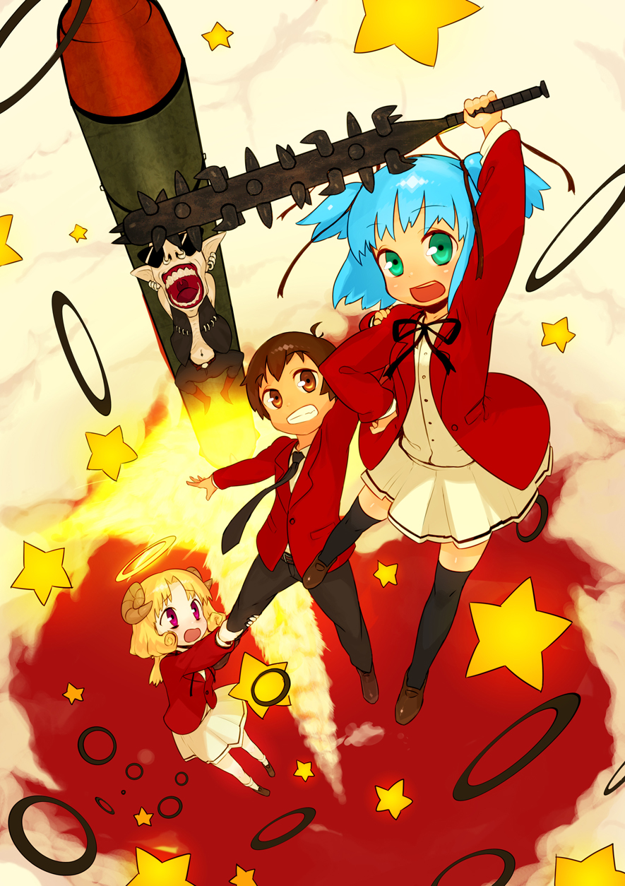 blonde_hair, blue_hair, bokusatsu_tenshi_dokuro-chan, escaliborg, excalibolg, green_eyes, highres, horns