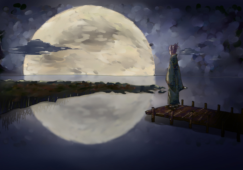 1girl, akairi, arms_at_sides, benten-sama_(uchouten_kazoku), clouds, floral_print, full_moon, geta