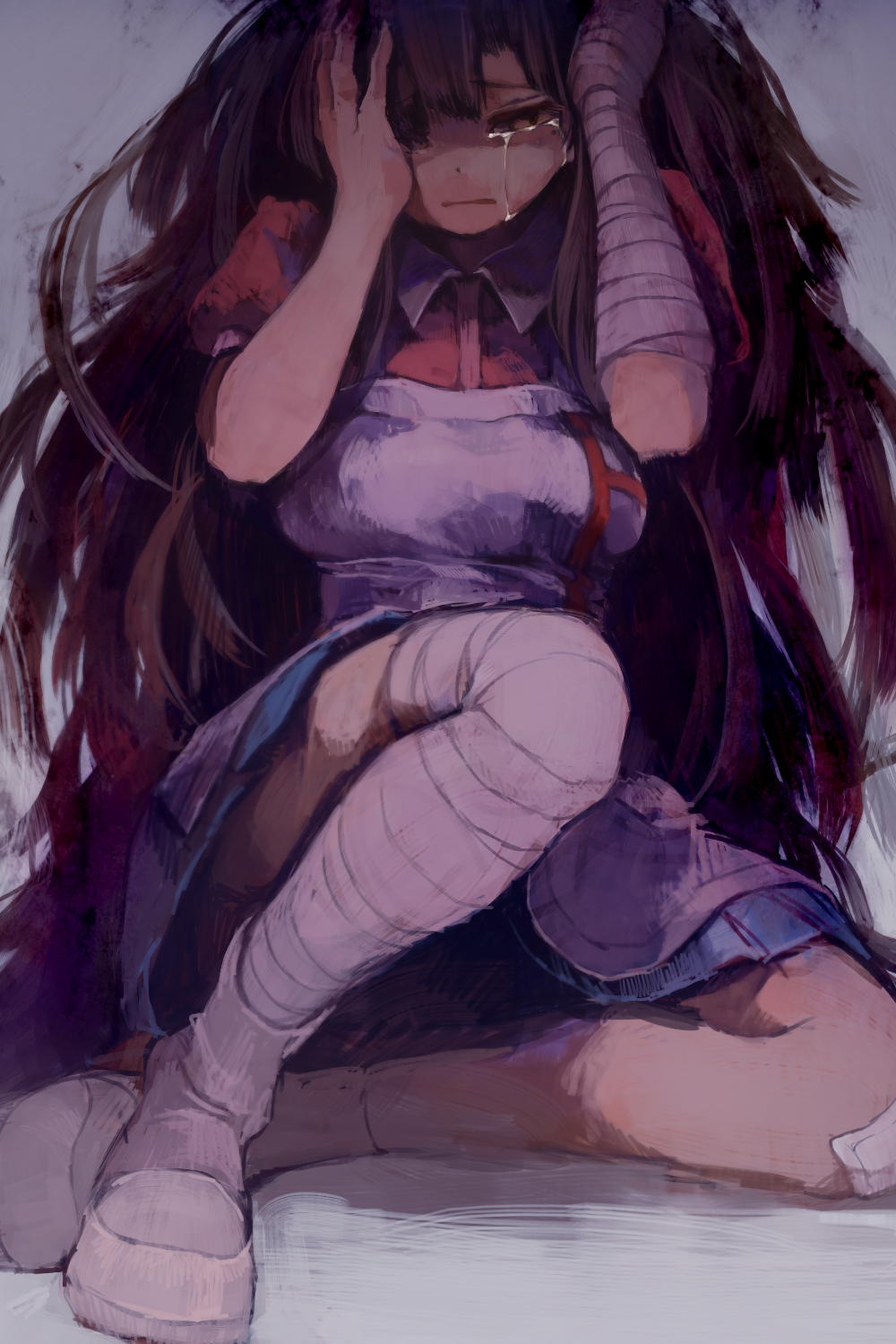 1girl, angst, apron, bandage, crying, dangan_ronpa, hands_on_own_face, hands_on_own_head