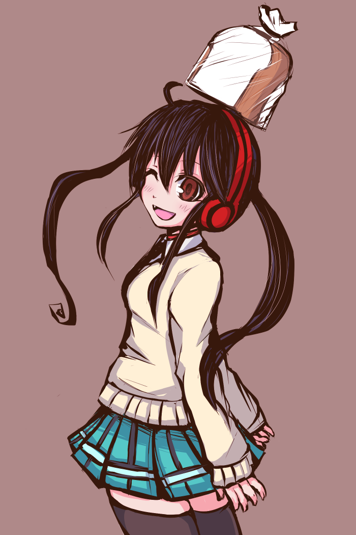 balancing_on_head, black_hair, blue_skirt, bread, breasts, brown_background, brown_eyes, collar