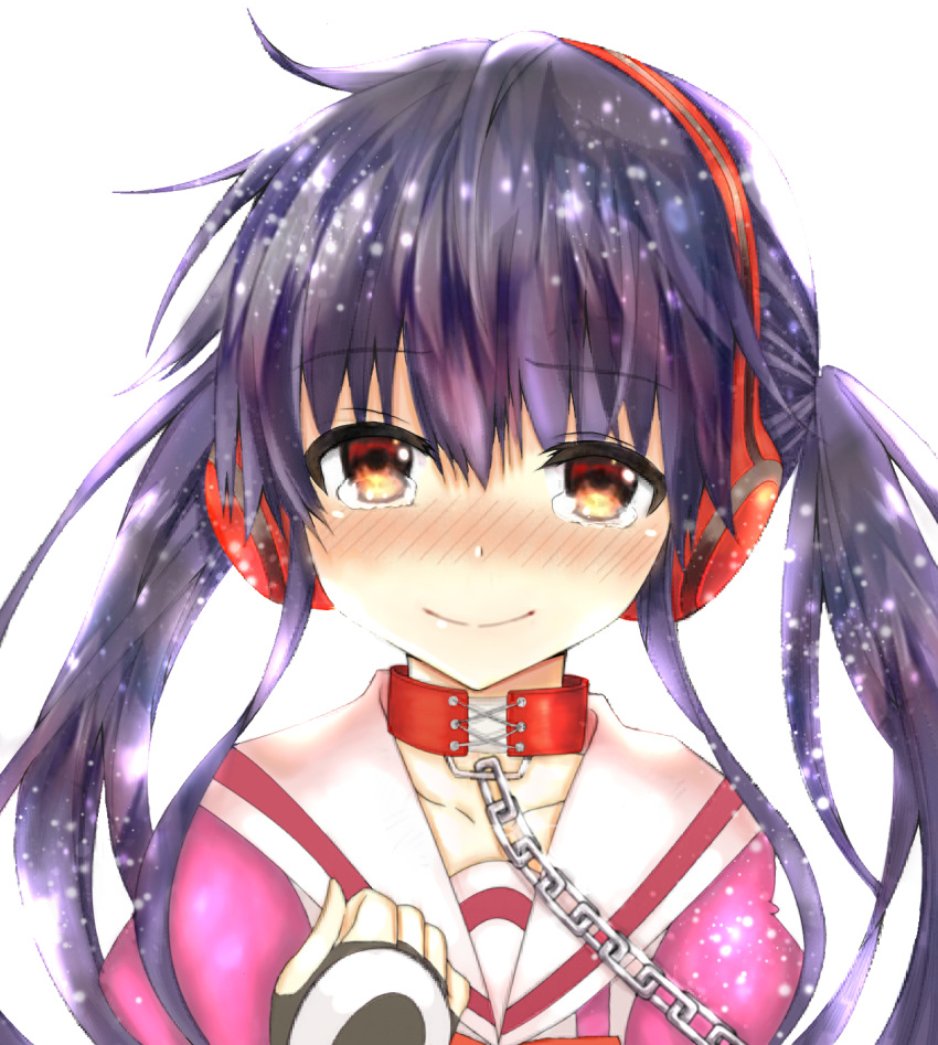 1girl, black_hair, blush, chains, choker, collarbone, earmuffs, fingerless_gloves