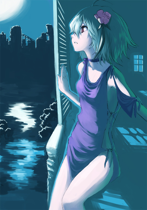 bad_id, flat_chest, fragile, green_hair, kenji_(artist), makimura_shunsuke, night, red_eyes