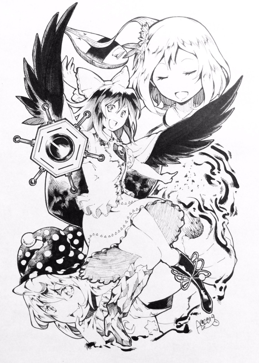 3girls, aozora_taf, arm_cannon, artist_name, bare_arms, boots, bow, cape