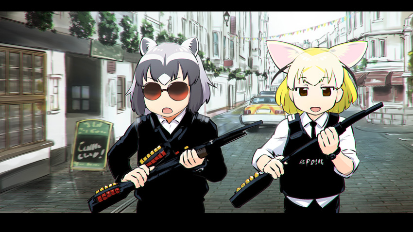 2girls, animal_ears, aviator_sunglasses, blonde_hair, brown_eyes, commentary_request, common_raccoon_(kemono_friends), crossover