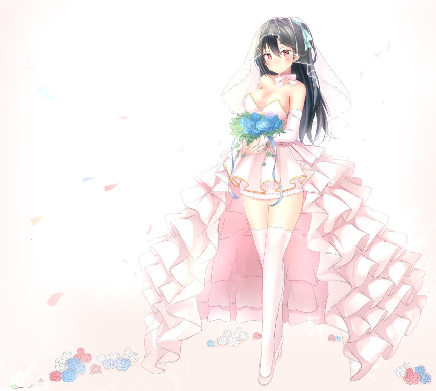 1girl, black_hair, blue_flowers, bouquet, breasts, bridal_veil, cleavage, dress