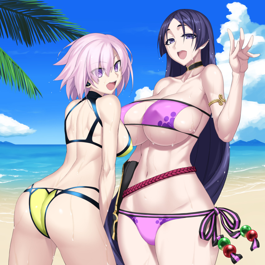 2girls, :d, ass, back, bare_shoulders, beach, bikini, black_gloves