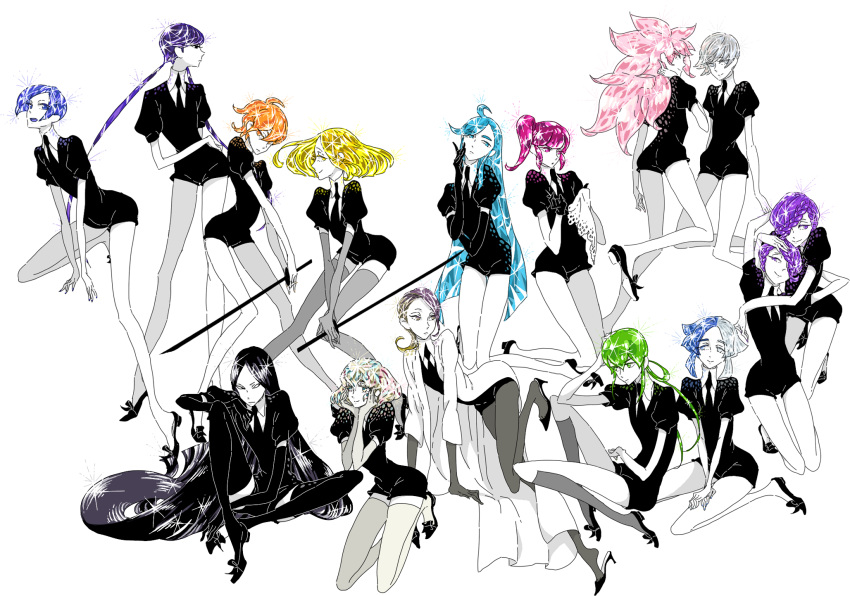 alexandrite_(houseki_no_kuni), amethyst_(houseki_no_kuni), androgynous, benitoite_(houseki_no_kuni), black_footwear, black_gloves, black_hair, black_legwear