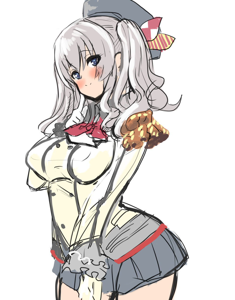 1girl, bakabakasii, beret, blue_eyes, blush, breasts, double_bun, epaulettes