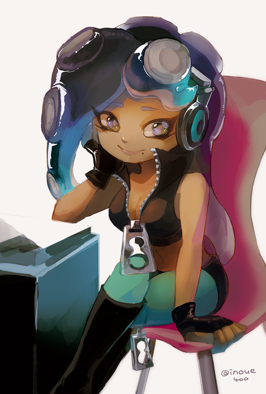 1girl, aqua_legwear, bare_arms, black_hair, blue_eyes, blue_hair, breasts, chair