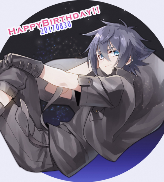 1boy, black_clothes, black_hair, black_jacket, blue_eyes, capri_pants, dated, final_fantasy, final_fantasy_xv, fingerless_gloves, gloves, happy_birthday, jacket, male_focus, mintgreen0913, noctis_lucis_caelum, pants, solo